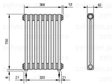 Схема (чертеж) Радиатор Zehnder Charleston 2075/8 №5310 Белый глянцевый RAL 9016